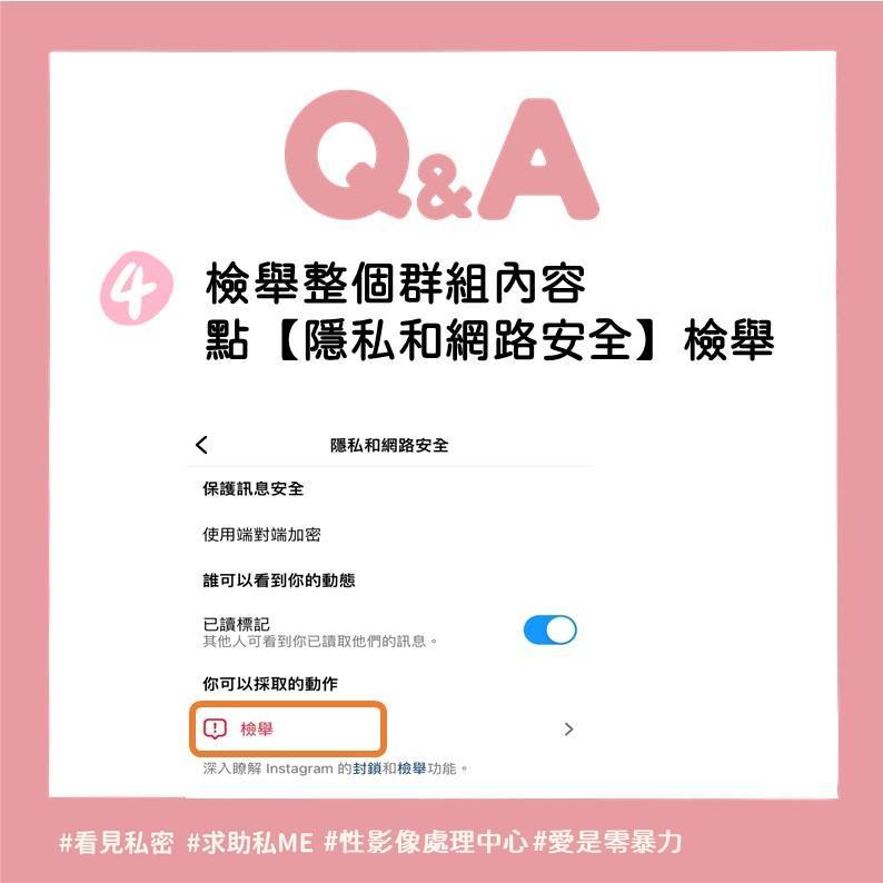 此為標題：IG私訊群組的檢舉方式；副標：阿怎麼偷用群組散布我的性影像的插圖。